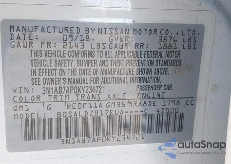 2019 Nissan Sentra Sv z USA, uszkodzony, nr VIN 3N1AB7AP0KY234721